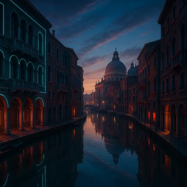 This image captures a serene Venice canal at dawn, featuring crystal clear water reflecting historic architecture and a softly lit sky.