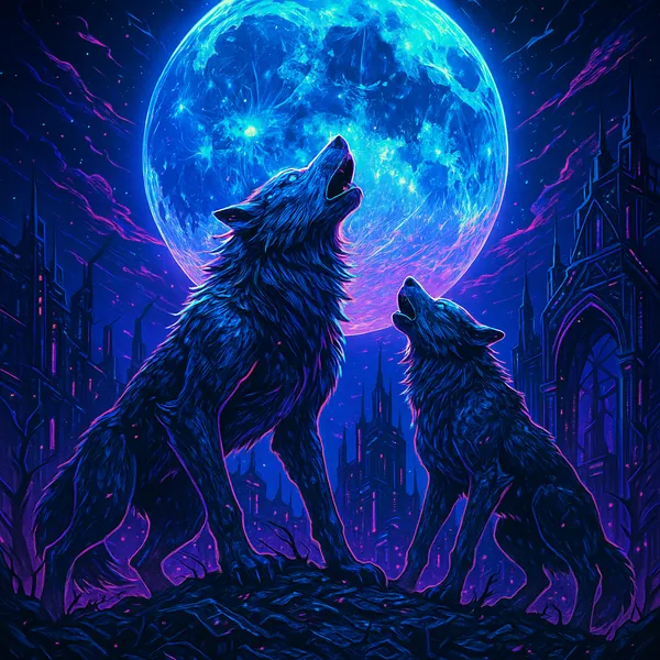 This image features two werewolves howling at a large, glowing blue moon, set against a dark, gothic cityscape.
