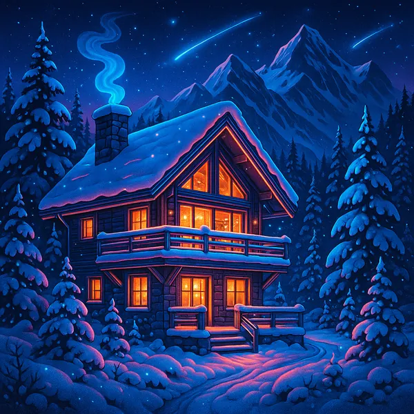 This image features a cozy winter cabin nestled in a snowy mountain landscape, ideal for a holiday-themed puzzle.