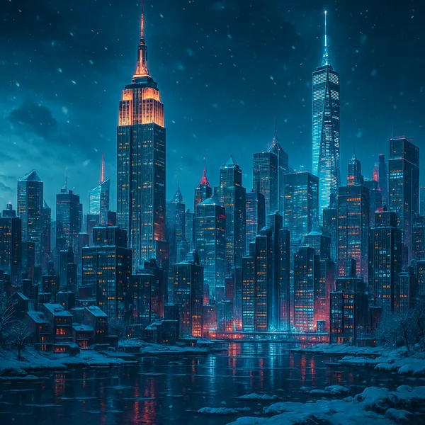 This image depicts a sharp, realistic winter skyline of New York City, capturing the iconic skyscrapers against a snowy backdrop.