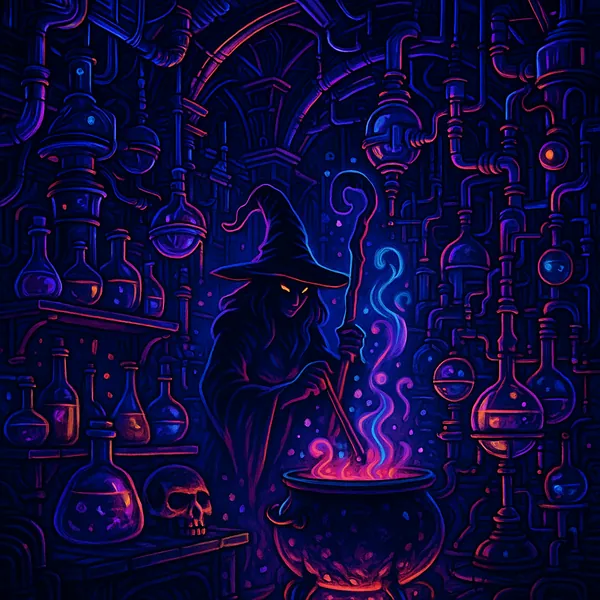 This image features a detailed Halloween-themed scene of a witch's potion laboratory.
