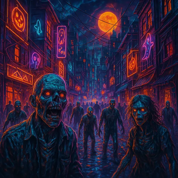 This image depicts a Halloween-themed zombie apocalypse street scene, perfect for a challenging puzzle.