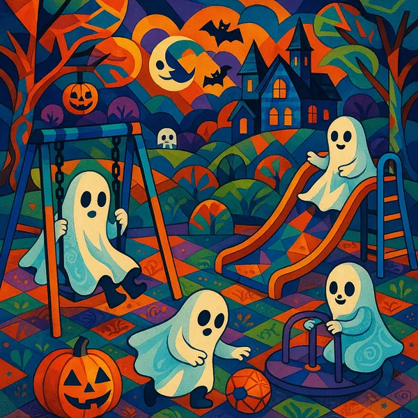 This image features a vibrant Halloween-themed scene with ghostly children playing in a park.