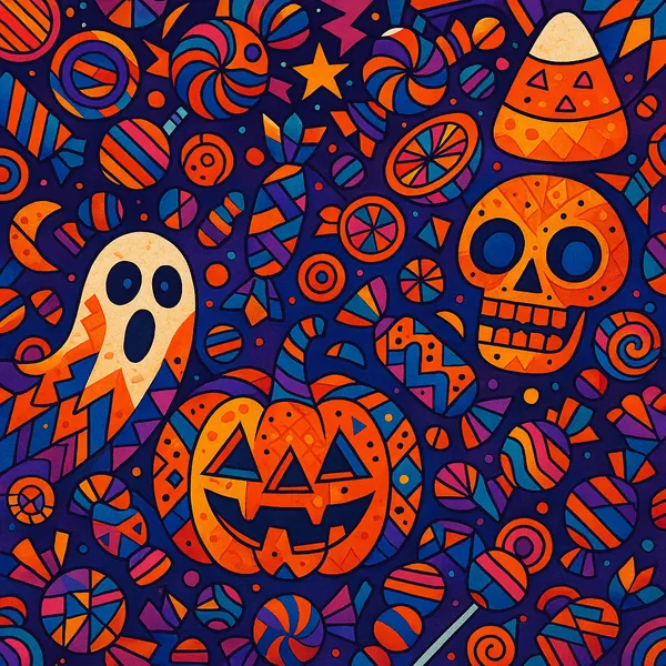 This vibrant Halloween-themed image features a colorful explosion of candy, jack-o'-lanterns, ghosts, and skulls against a dark background.