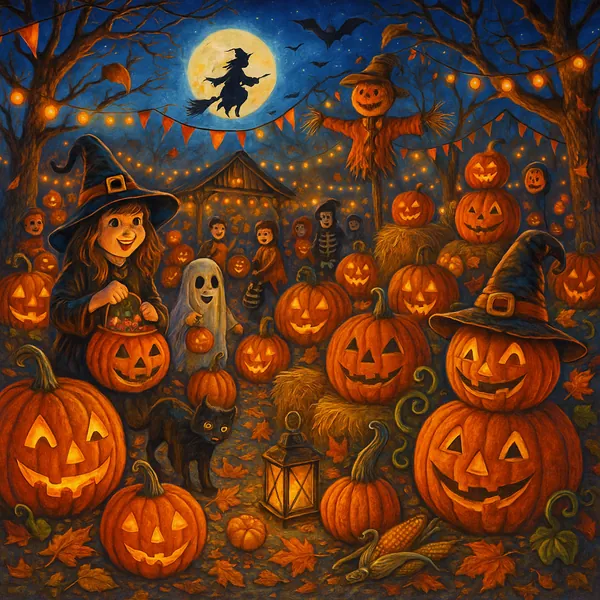 This vibrant Halloween-themed image features a festive Jack-o’-Lantern festival scene.