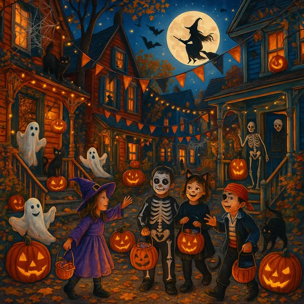 This vibrant Halloween-themed puzzle features a lively Trick-or-Treat Street scene.