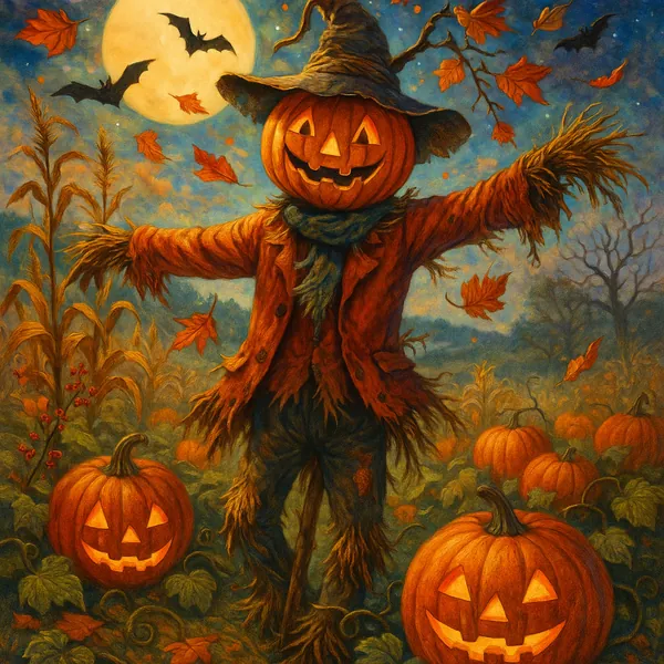 This image features a Halloween-themed scarecrow with a jack-o'-lantern head, standing in a misty field.