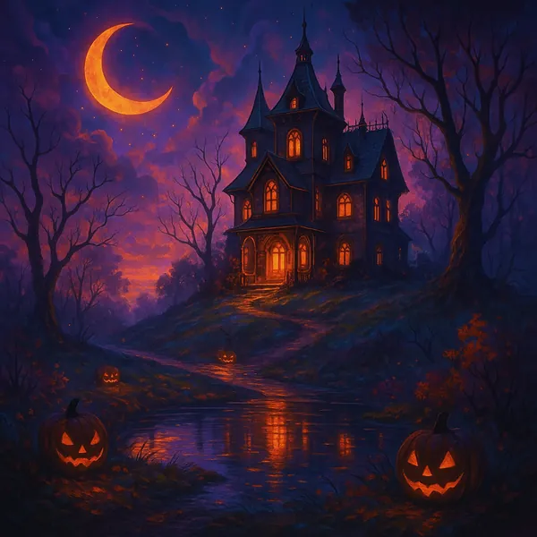 This image features a classic Halloween scene with a haunted house perched on a hill, surrounded by leafless trees and glowing jack-o'-lanterns.