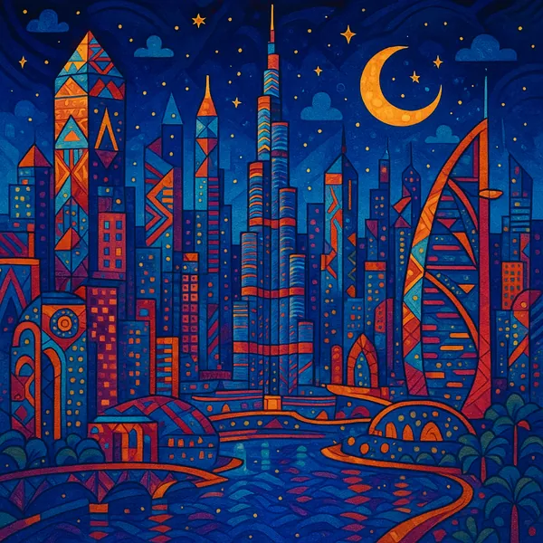 This vibrant, stylized illustration of the Dubai skyline at night features a colorful array of geometric patterns and shapes.