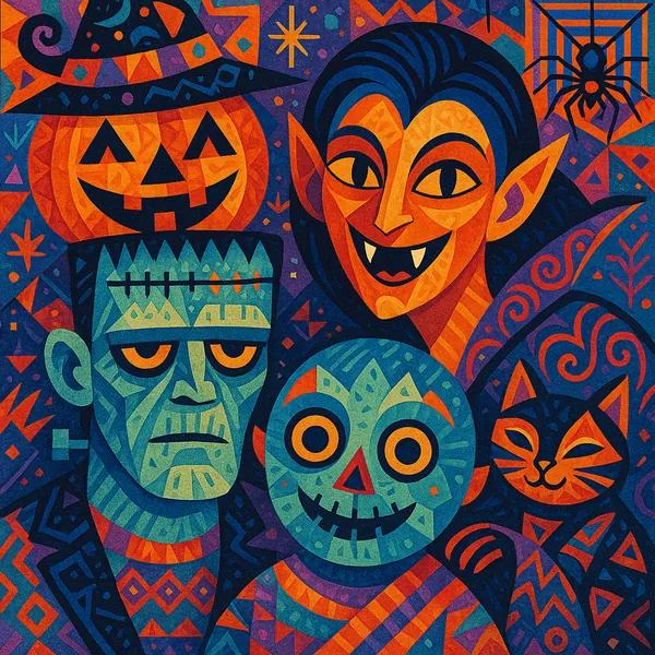 This vibrant Halloween-themed image features a stylized monster family portrait with a pumpkin-headed figure, a vampire, a Frankenstein-like character, a skelet