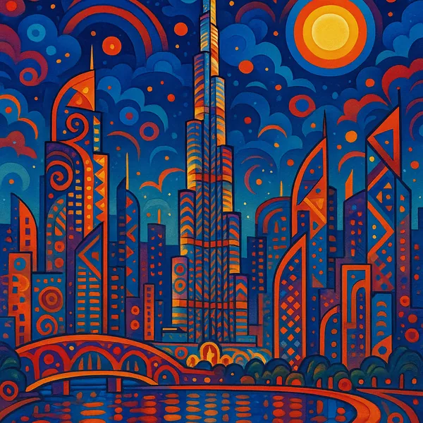 This image features a vibrant and stylized depiction of the Dubai skyline at night, showcasing an array of geometric skyscrapers with intricate patterns and bri