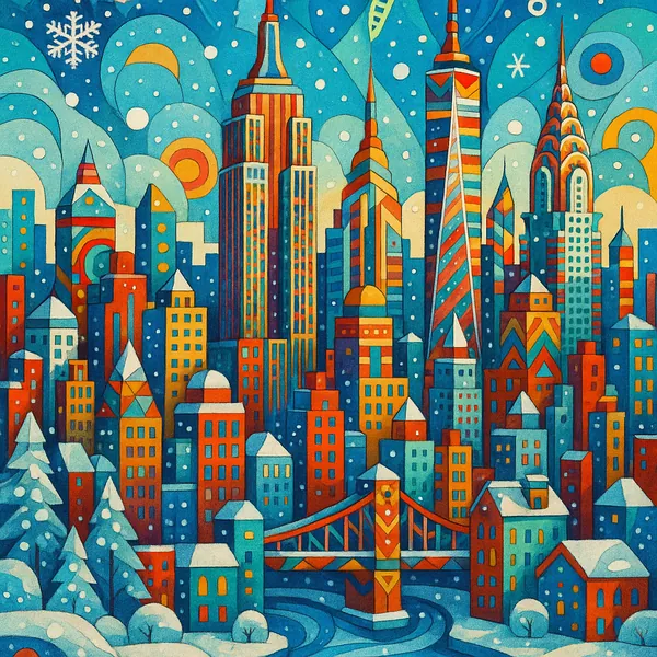 This vibrant illustration of a wintery New York City skyline features iconic skyscrapers and a snow-covered urban landscape.
