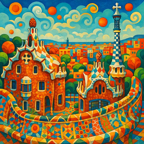 This vibrant, photo-realistic image of Park Güell in Barcelona showcases the whimsical architecture and colorful mosaic patterns typical of Antoni Gaudí's desig