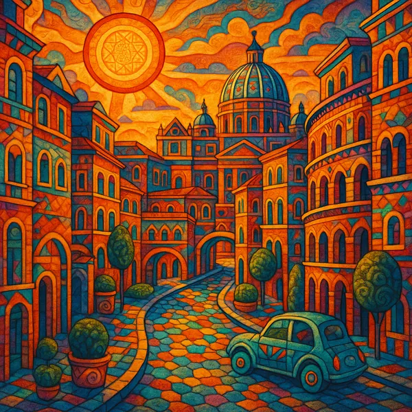 This image features a vibrant, stylized depiction of Rome's streets during the golden hour, perfect for a puzzle themed around cities and urban life.