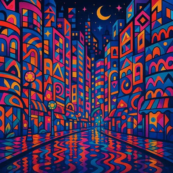 This vibrant image features a stylized depiction of Tokyo's night streets, showcasing a kaleidoscope of neon reflections.