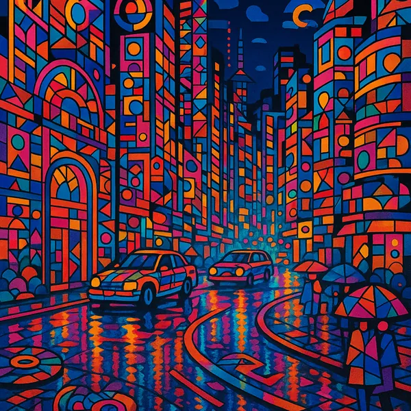 This image features a vibrant, stylized depiction of Tokyo's night streets, showcasing neon reflections and geometric patterns.