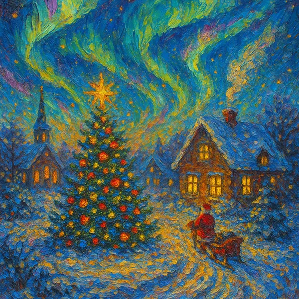 This vibrant puzzle image depicts a festive Christmas night scene under the Northern Lights.