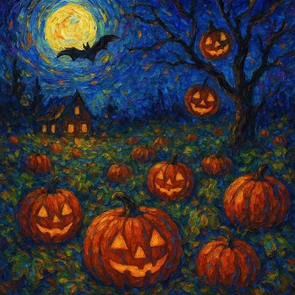 This image features a vibrant, Halloween-themed scene set at midnight.