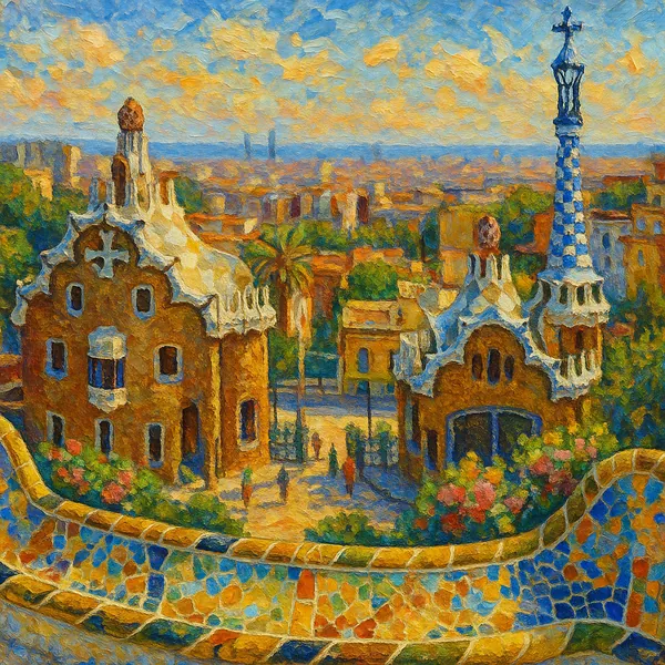This image captures a vibrant, impressionistic view of Park Güell in Barcelona, showcasing its iconic architectural features and colorful mosaics.