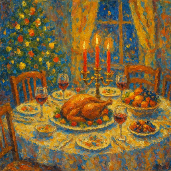This image depicts a cozy Christmas Eve dinner table, perfect for a holiday-themed puzzle.