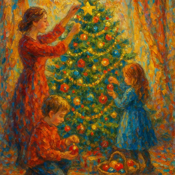 This image features a festive scene of a family decorating a Christmas tree, perfect for a holiday-themed puzzle.