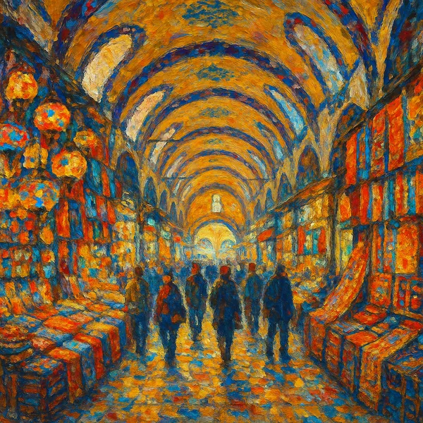 This image depicts a vibrant and bustling scene inside Istanbul's Grand Bazaar, characterized by its rich, colorful palette and intricate architectural details.