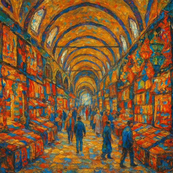 This image depicts a vibrant and colorful scene of Istanbul's Grand Bazaar, showcasing bustling activity and rich architectural details.