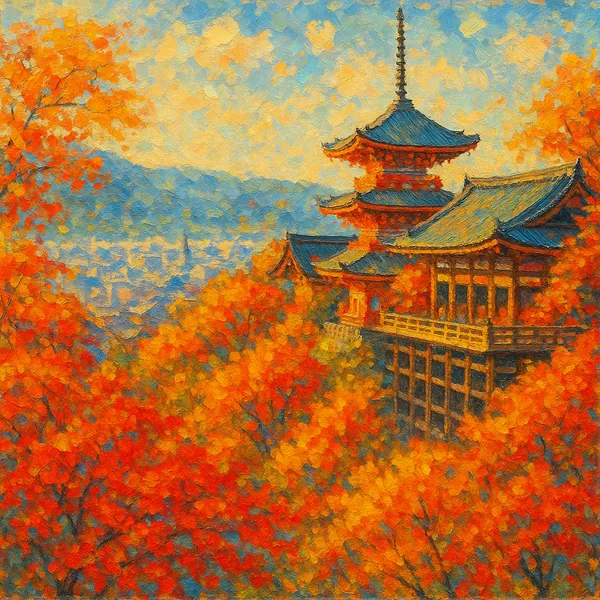 This image features a Kyoto temple set against a backdrop of vibrant autumn foliage, showcasing rich oranges and reds.