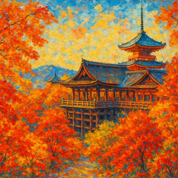 This image features a Kyoto temple surrounded by vibrant autumn foliage, showcasing rich reds and oranges against a clear blue sky.