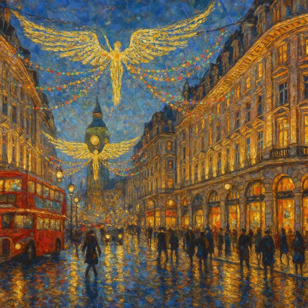 This image features a vibrant urban scene with detailed architecture, showcasing London's Christmas lights.