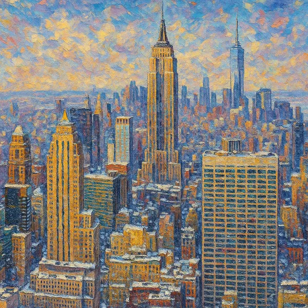 This image features a vibrant, impressionistic depiction of the New York City winter skyline.
