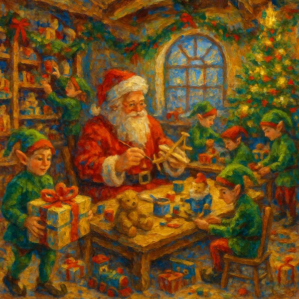 This vibrant illustration depicts a festive scene in Santa's Workshop, filled with elves busily crafting toys and wrapping gifts.