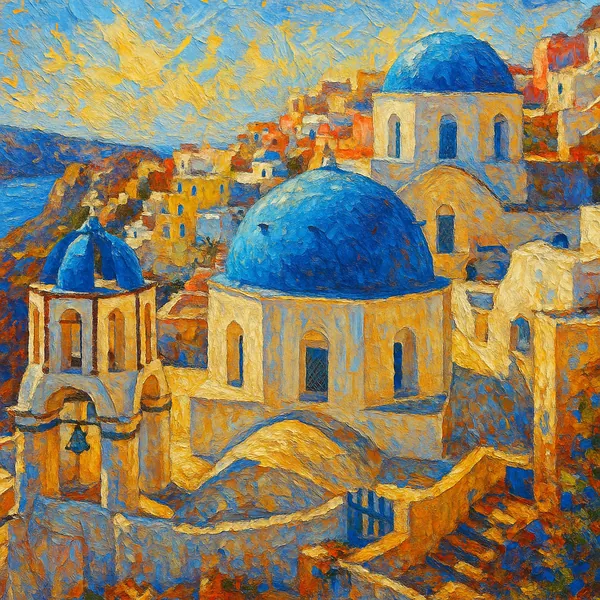 This image features the iconic blue domes of Santorini, set against a backdrop of bright sunlight and vivid colors.