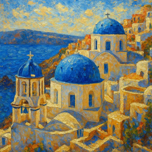 This image showcases the iconic blue domes of Santorini under bright sunlight, with a vivid and realistic depiction.