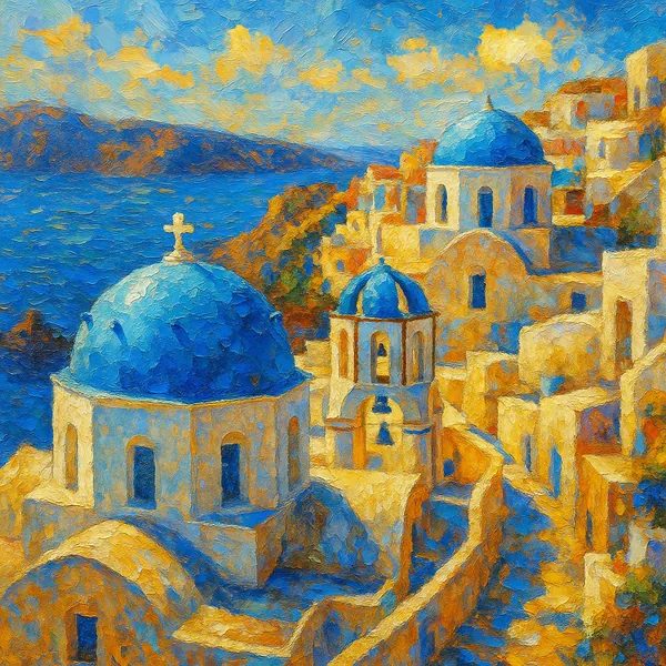 This image features the iconic blue domes of Santorini under bright sunlight, set against a vivid seascape.