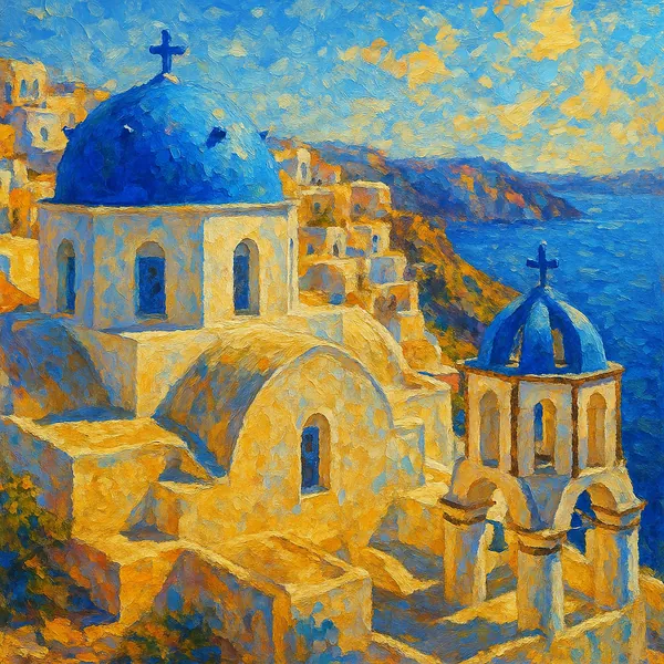 This image captures the iconic blue domes of Santorini under bright sunlight, set against a vivid blue sea and sky.