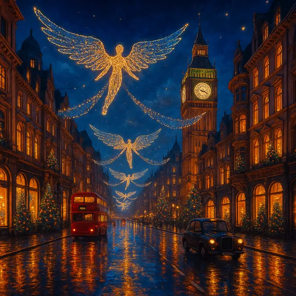 This image captures a stunning urban scene featuring London's iconic architecture adorned with festive Christmas lights.