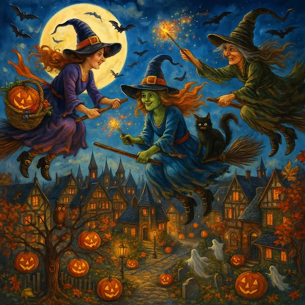 Three witches soar over a quaint town on broomsticks under a full moon, surrounded by bats and glowing jack-o'-lanterns.