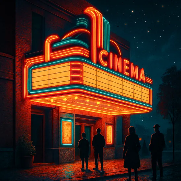This image captures a retro-futuristic cinema marquee glowing with vibrant neon lights in the night.