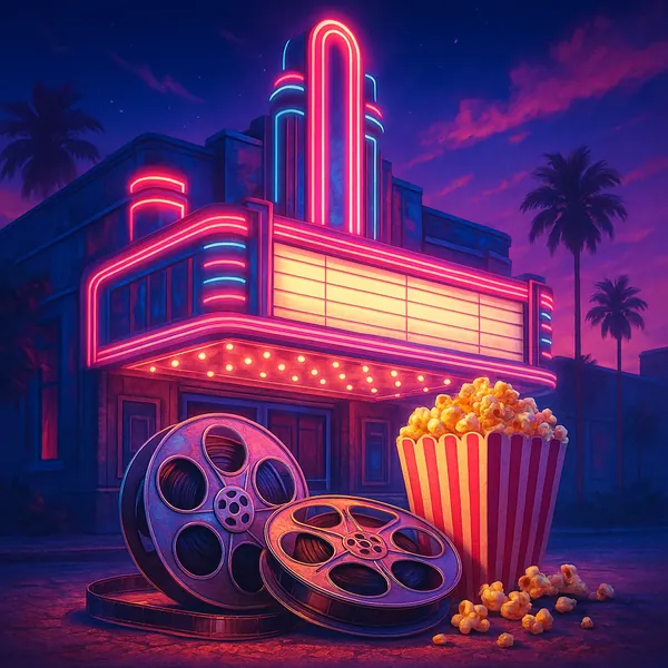 This image captures a retro-futuristic cinema marquee glowing vibrantly under neon lights.
