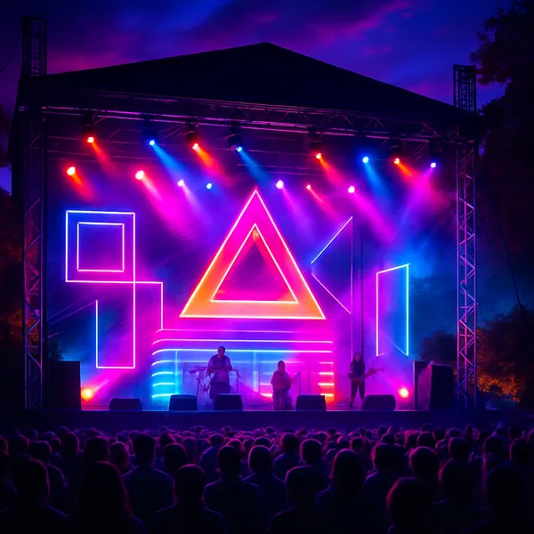 The image depicts a vibrant concert stage bathed in synthwave colors, creating an electrifying atmosphere.