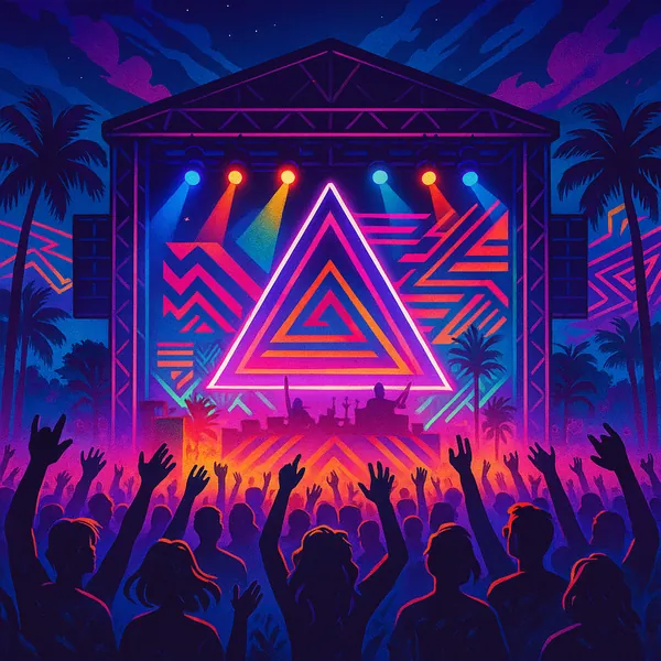 This vibrant image captures a lively festival scene with a neon-lit concert stage as its centerpiece.