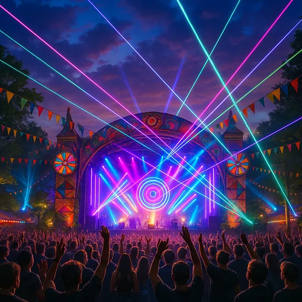 The image captures a vibrant concert stage at dusk, bathed in neon lights and dynamic laser beams that stretch across a cheering crowd.