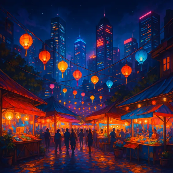 This vibrant image captures a dynamic cityscape at night, featuring towering skyscrapers illuminated with neon lights.