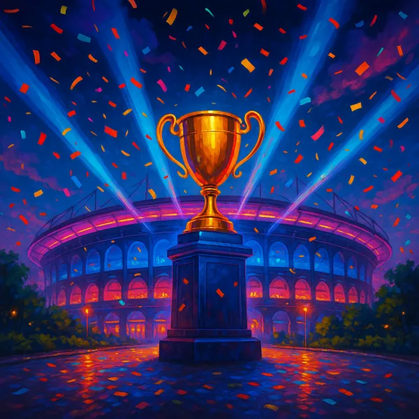 The image showcases a vibrant, neon-lit stadium at night, capturing a moment of celebration.