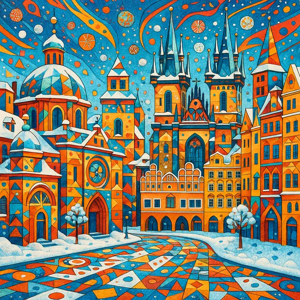 This image features a vibrant, stylized depiction of Prague's Old Town in winter.