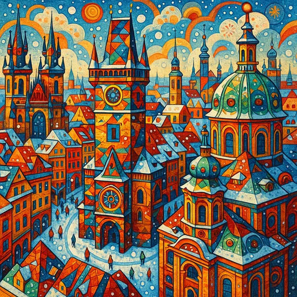 This image features a vibrant and ultra-detailed depiction of Prague's Old Town covered in snow.