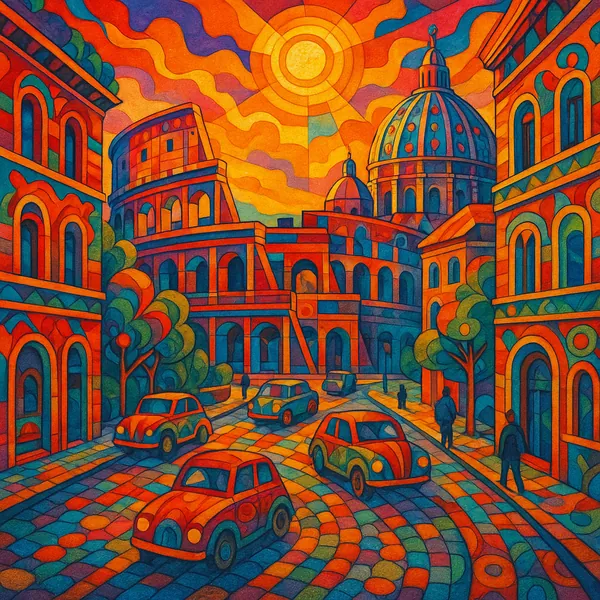 This vibrant image captures a stylized Rome street scene during the golden hour, featuring iconic architecture and bustling urban life.