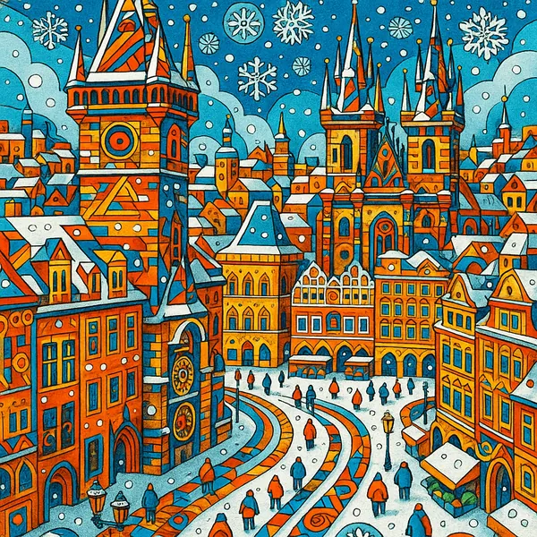 This vibrant, ultra-detailed illustration of Prague's Old Town in winter showcases intricate architectural elements and colorful buildings under a snowy sky.