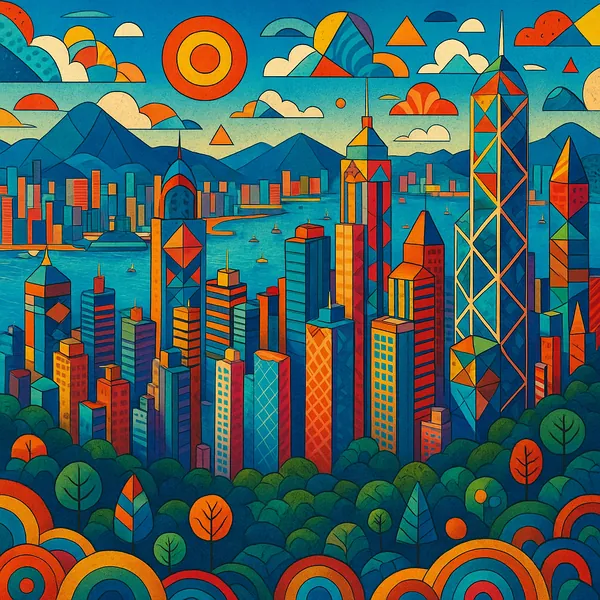 This vibrant illustration of the Hong Kong skyline from Victoria Peak features a colorful, geometric style with bold patterns and shapes.